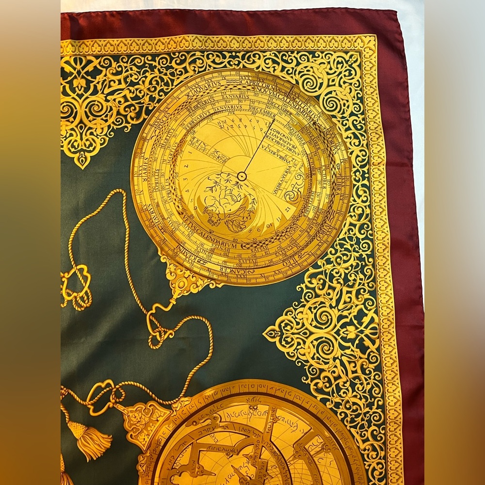 Vintage Gianfranco Ferre Silk Scarf Golden Astronomy Calendar hand rolled 34x34 - Picture 5 of 10